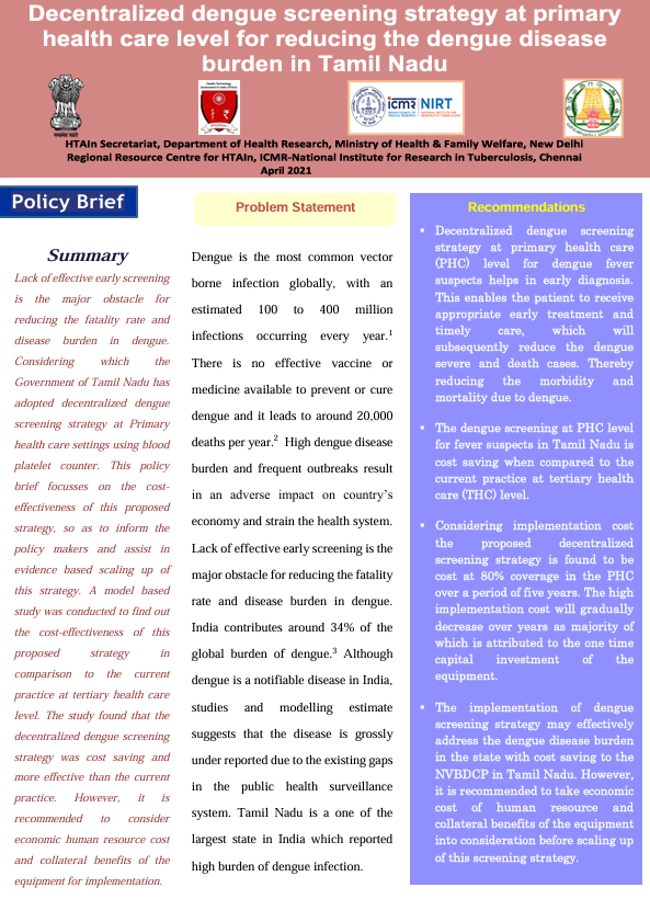 Decentralized dengue screening strategy at primary health care level for reducing the dengue disease burden in Tamil Nadu