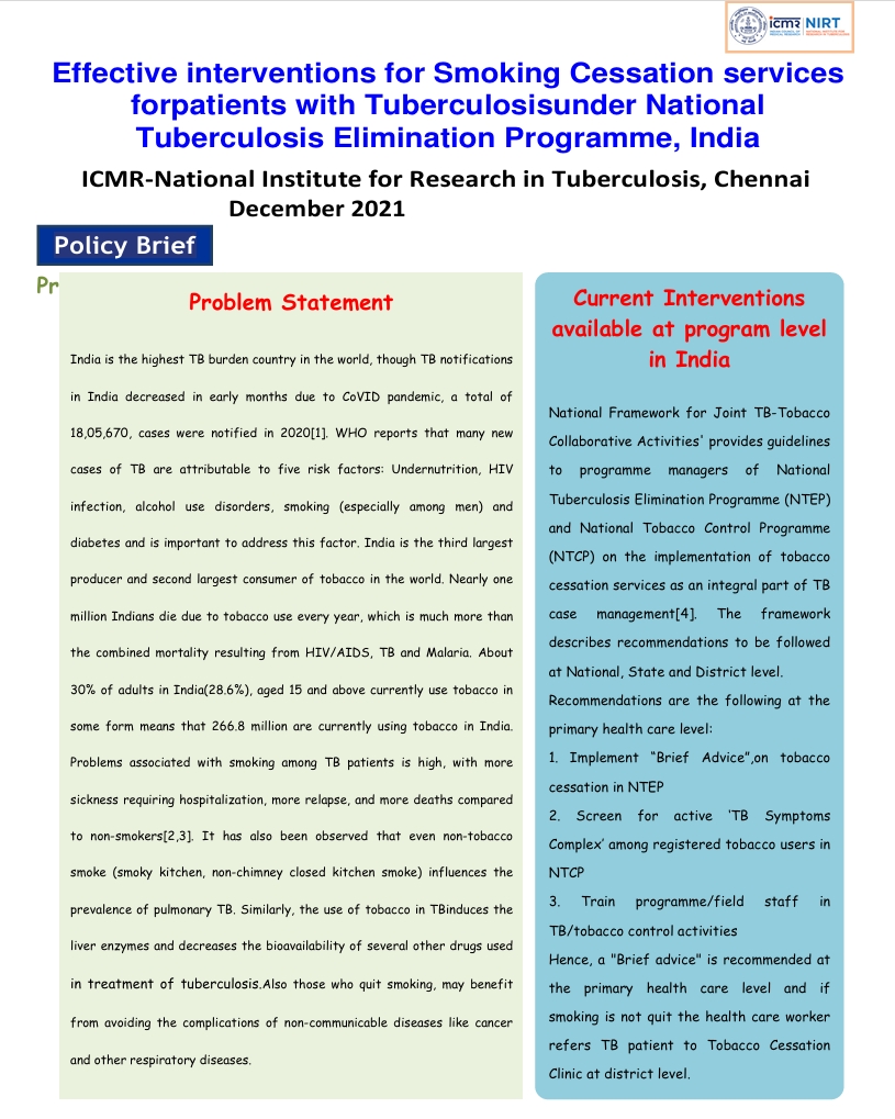 Effective interventions for Smoking Cessation services forpatients with Tuberculosisunder National Tuberculosis Elimination Programme, India