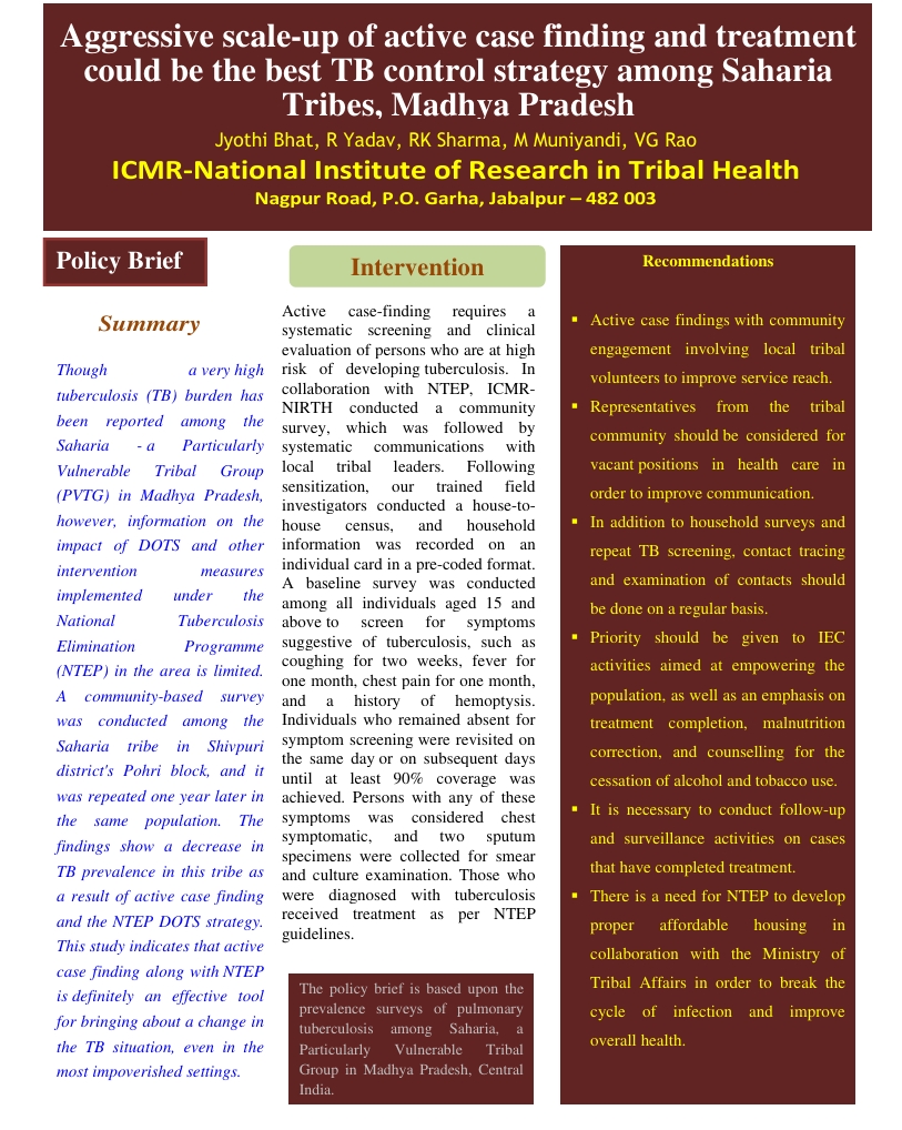 Aggressive scale-up of active case finding and treatment  could be the best TB control strategy among Saharia  Tribes, Madhya Pradesh