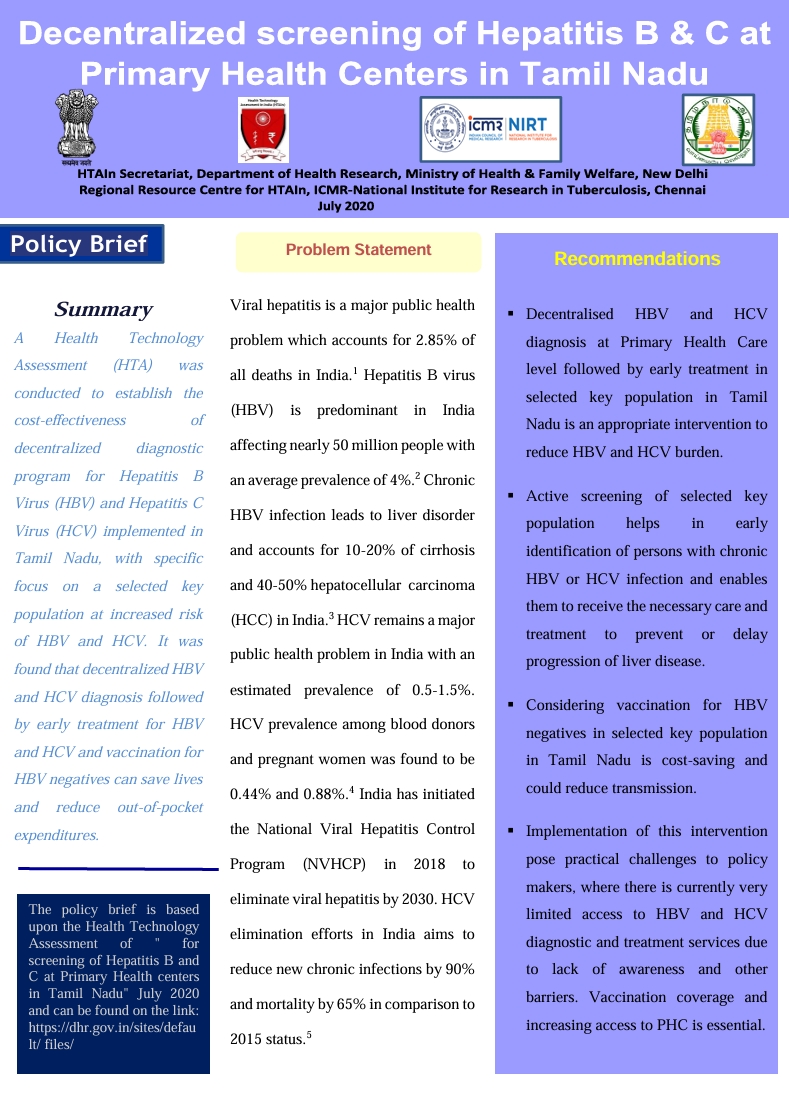 Decentralized screening of Hepatitis B & C at primary health centres in Tamil Nadu
